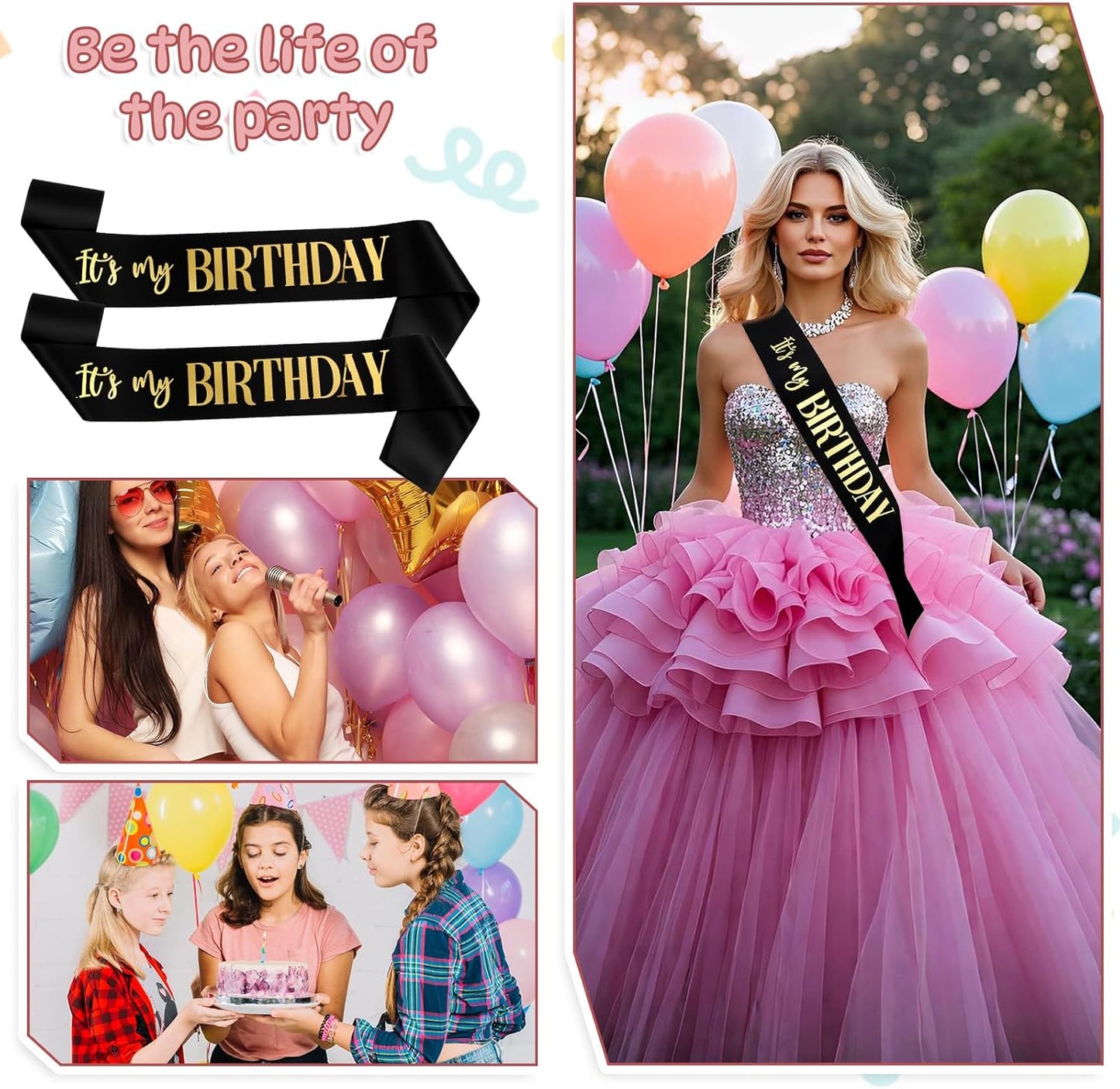 It's My Birthday Sash 2 Packs Birthday Sash for Women Black and Blakc Happy Birthday-Sash for Women Men Birthday-Party Gifts