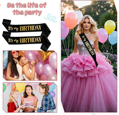 It's My Birthday Sash 2 Packs Birthday Sash for Women Black and Blakc Happy Birthday-Sash for Women Men Birthday-Party Gifts