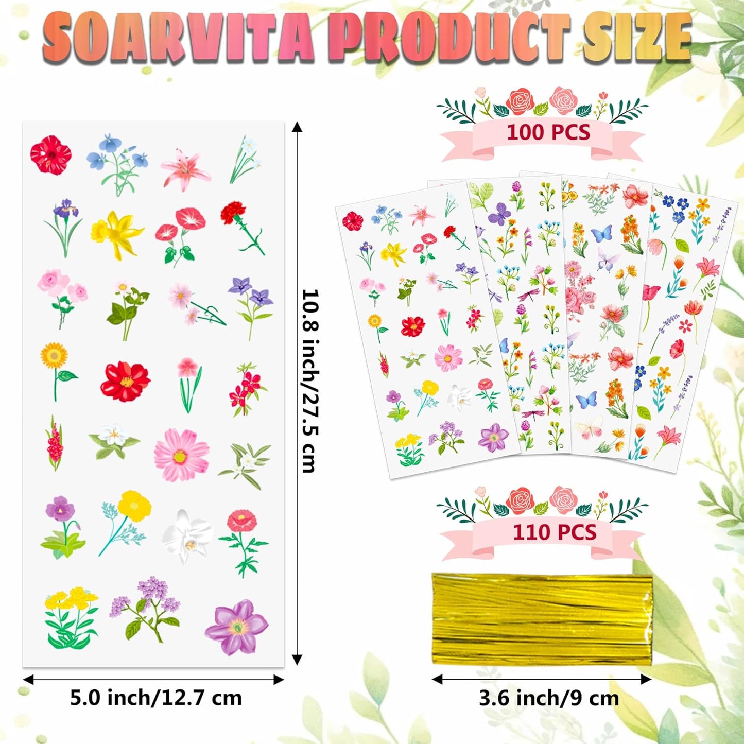 Soarvita Wildflower Cellophane Treat Bags: 50Pack Clear Plastic Floral Goodie Bags with 60 Ties for Cookies Snacks & Gift Packaging, Spring Candy Bag for Baby Bridal Shower Wedding Party Favors