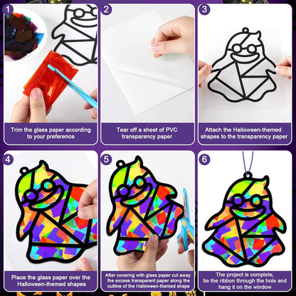 QOUBAI 32 Sets Stars Suncatchers Craft Back to School DIY Stained Glass Window Patriotic 4th of July Paper Craft Home School Classroom Decor Kid Birthday Gift Creative Art Activity Game - Colors B