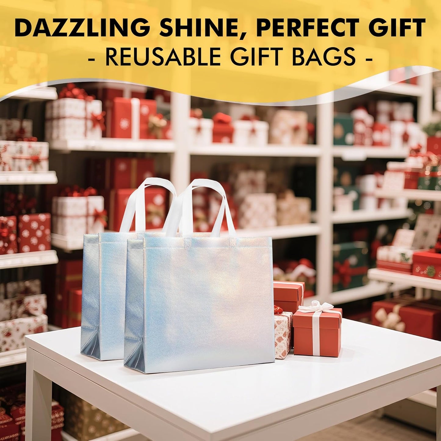 RACETOP 15 Pcs Iridescent Glossy Gift Bags Medium Size, 8x4x10 Inch Holographic Reusable Gift Bags with Handles, Ideal for Birthday, Wedding, Bachelorette, Party Favors, Holiday Goodie