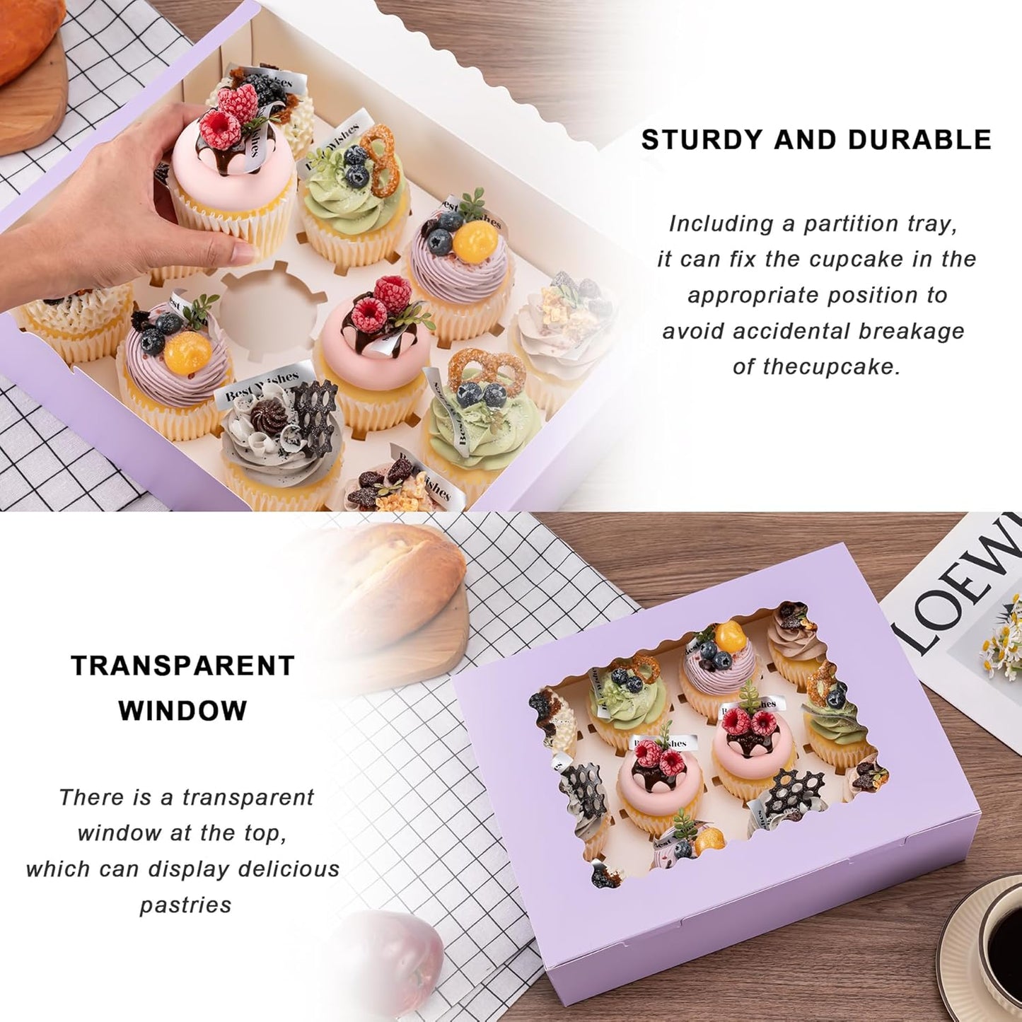 Hoewina 6PCS Cupcake Boxes - Hold 12 Count Cupcake Containers with Window, Food Grade Cupcake Holder Easy Transport and Presentation - Ideal for Cupcakes, Desserts, and More