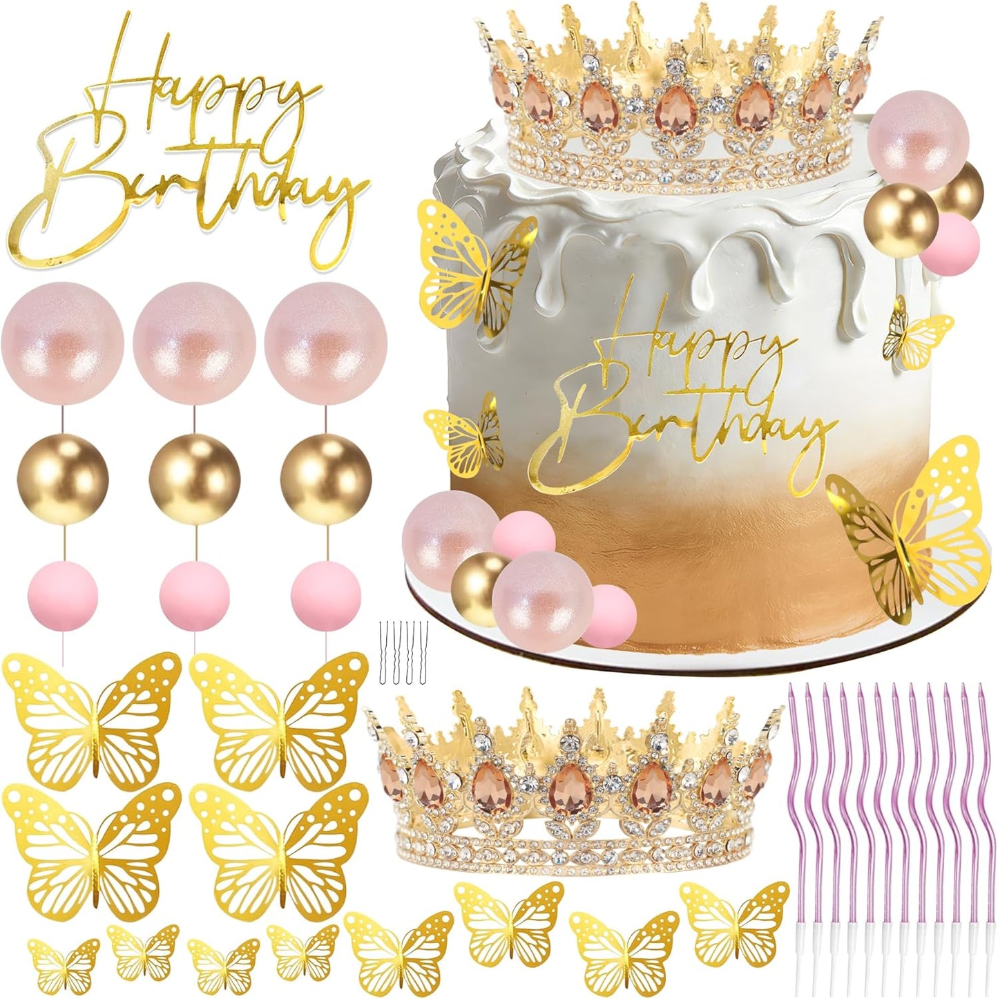 Crown Cake Topper, Balls Happy Birthday Cake Topper Pink Crown Birthday Candles Gold Butterflies, Corona Para Pastel, Cake Decorations for Birthday Wedding (Gold, Pink)