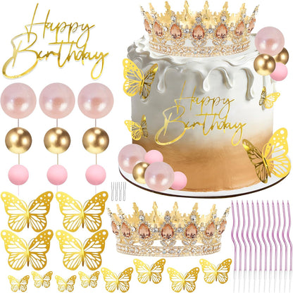 Crown Cake Topper, Balls Happy Birthday Cake Topper Pink Crown Birthday Candles Gold Butterflies, Corona Para Pastel, Cake Decorations for Birthday Wedding (Gold, Pink)