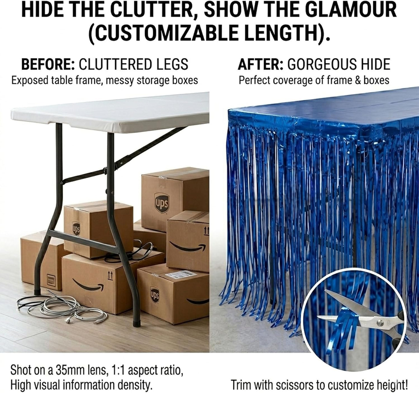 Blue Streamers Party Decorations, 2 Packs Blue Table Skirts Metallic Foil Fringe Tinsel for Birthday Under the Sea Boy Baby Shower Float Parade Mardi Gras Graduation Party Supplies -29x108Inch