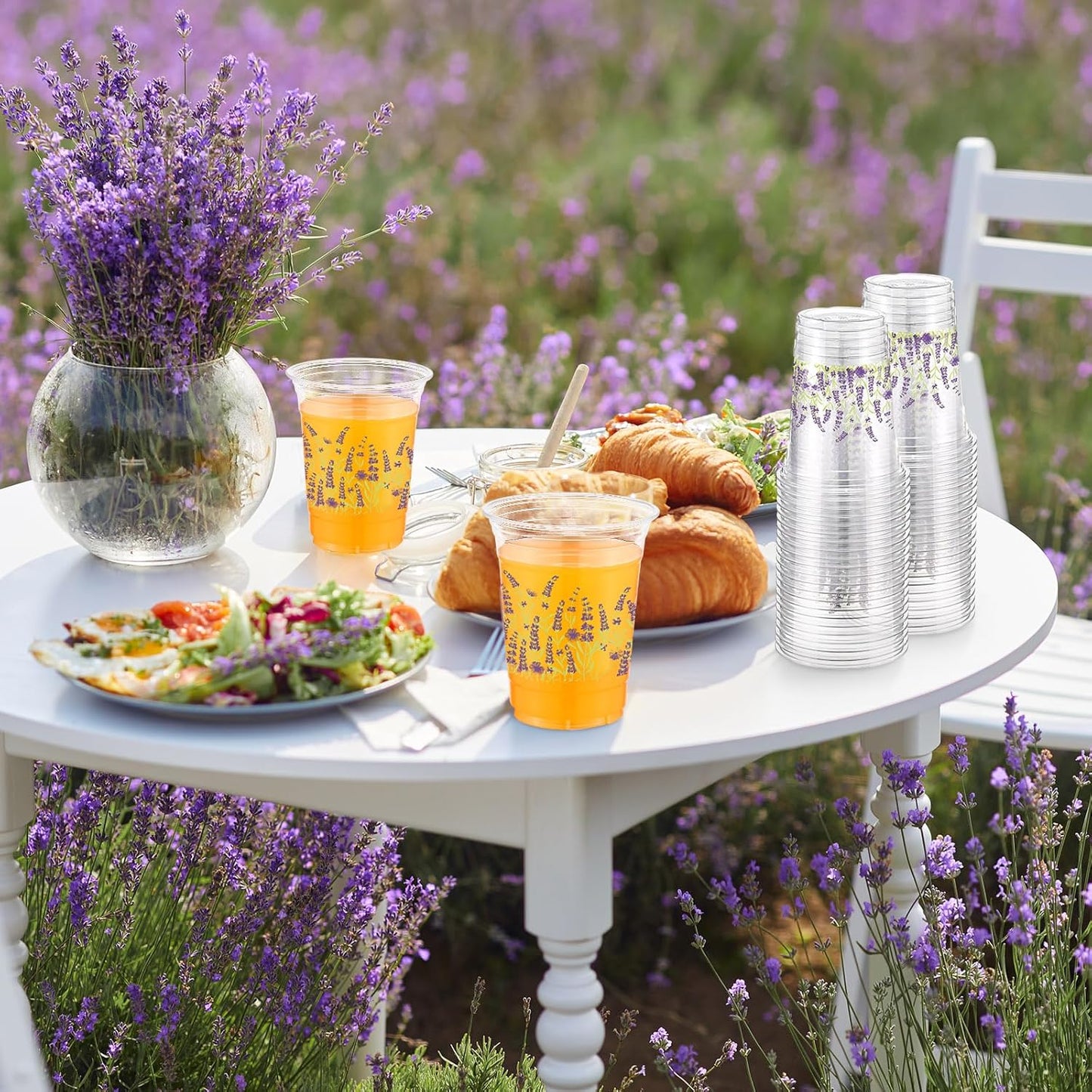 Hushee 60 Pcs Purple Floral Cups with Spring Summer Flower 16 oz Wildflowers Plastic Disposable Drinking Cups for Summer Spring Birthday Baby Shower Wedding Party Supplies