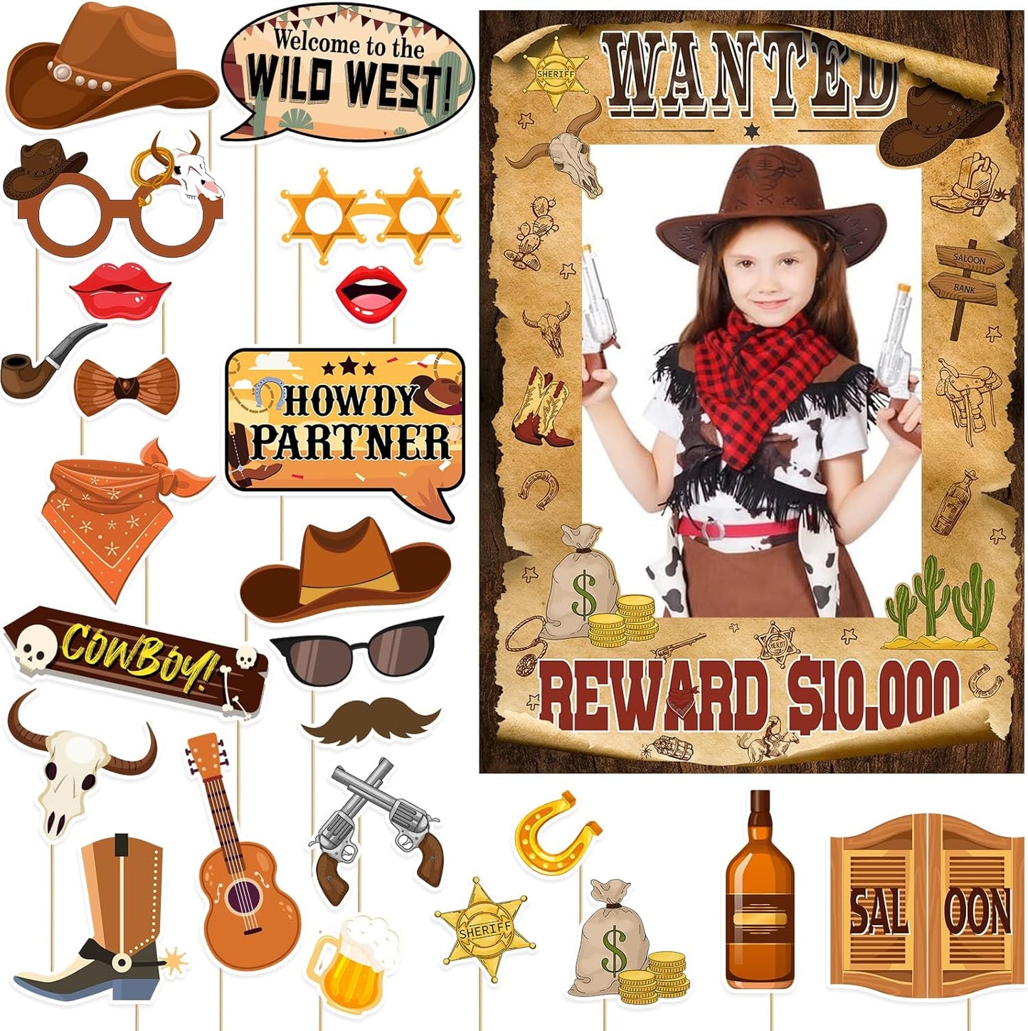 West Wanted Photo Booth Props Selfie Frames & 25 Pieces Western Photo Booth Props, Wild West Themed Party Decoration, West Cowboy Theme Party Supplies, Cowgirl Bachelorette Party