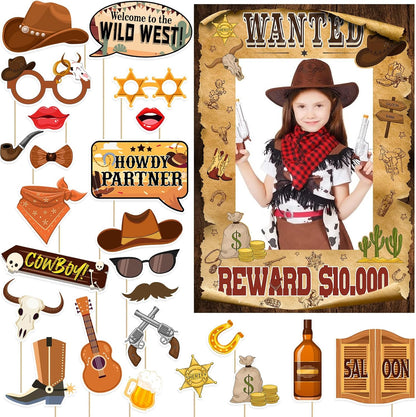 West Wanted Photo Booth Props Selfie Frames & 25 Pieces Western Photo Booth Props, Wild West Themed Party Decoration, West Cowboy Theme Party Supplies, Cowgirl Bachelorette Party