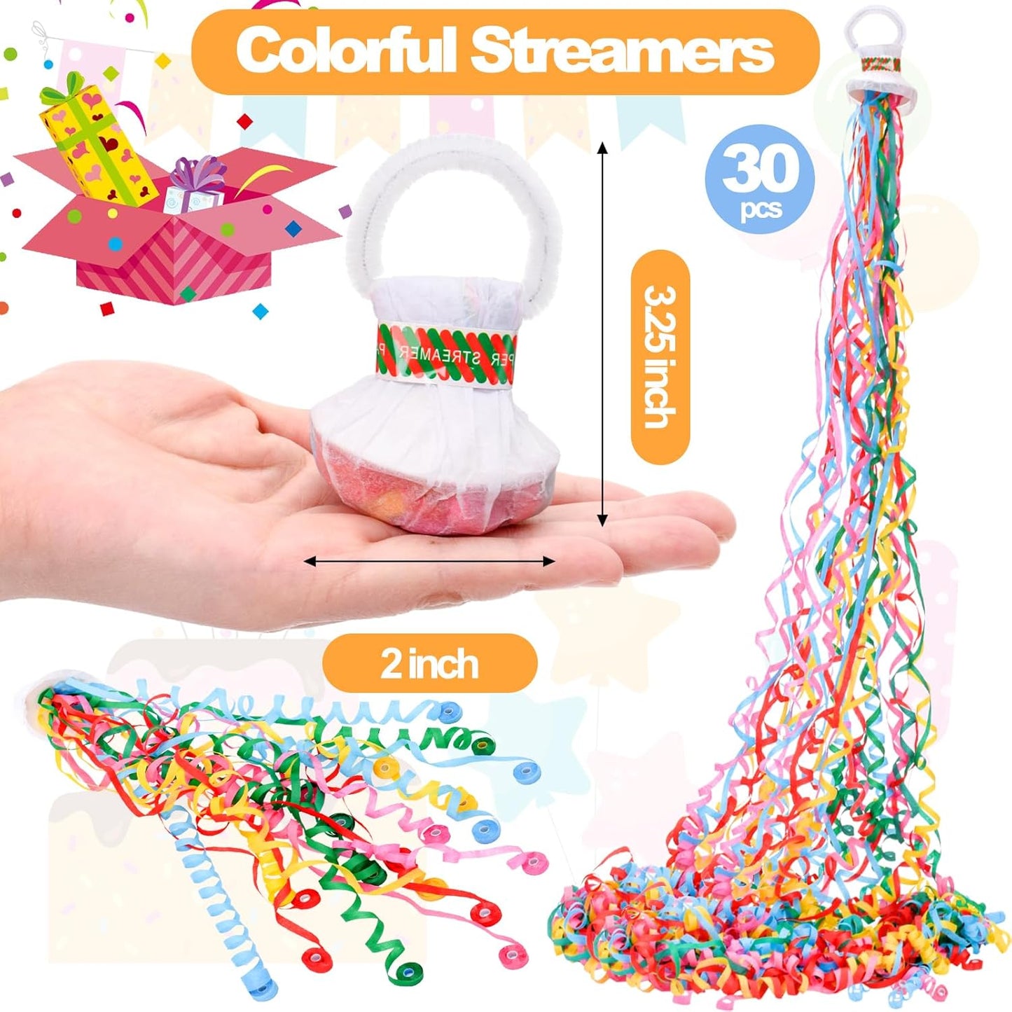 Lawei 30 Pieces No Mess Streamers, Colorful Hand Throw Confetti Poppers, Romantic White Streamer Popper Paper Crackers for Birthday, Wedding, Graduation, Opening Celebrations, Party Favors