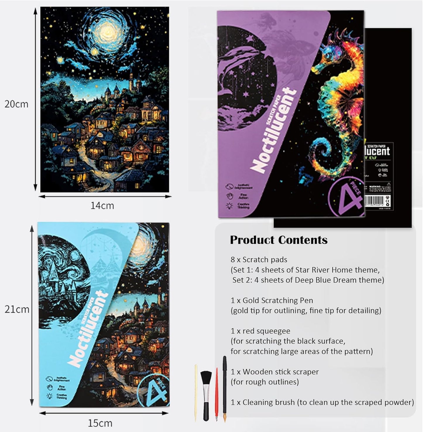 Scratchboard Art for Adult Luminous Scratch Painting Kits, A5 Scratch Art Rainbow Painting Paper 8 Sheet with 4 Tools, Scratchboard for Teens & Adults, Fun Creative Craft Toy/Gifts/Decor, Dreams