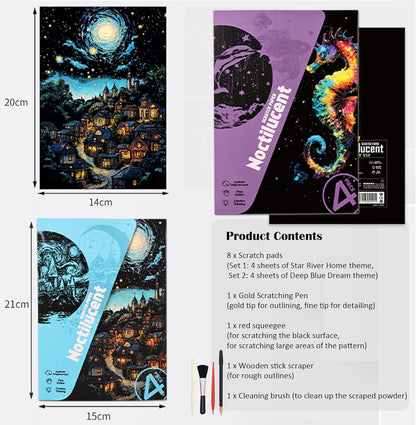 Scratchboard Art for Adult Luminous Scratch Painting Kits, A5 Scratch Art Rainbow Painting Paper 8 Sheet with 4 Tools, Scratchboard for Teens & Adults, Fun Creative Craft Toy/Gifts/Decor, Dreams