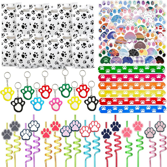 120 Pcs Dog Party Favors Dog Paw Party Favors Set Includes Slap Bracelet Drinking Straws Keychain Gift Bags Stickers Dog Birthday Party Supplies for Puppy Birthday Party Supplies