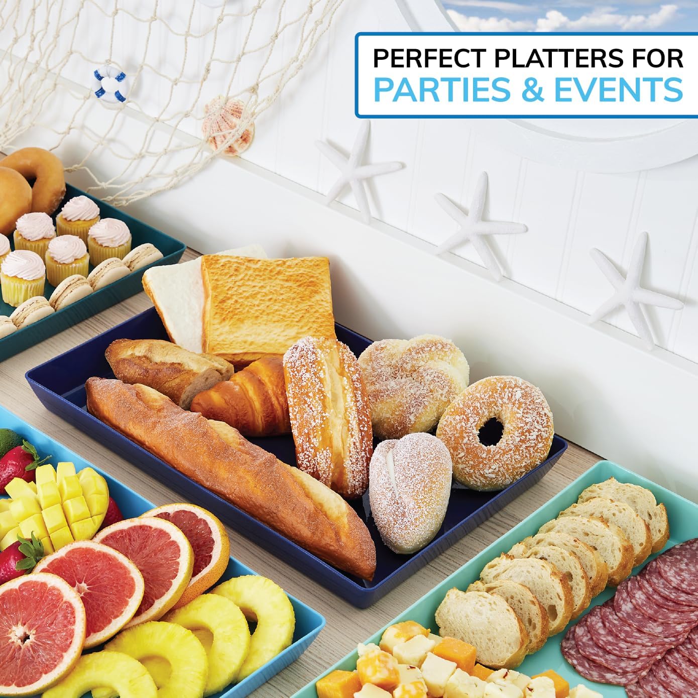 US Acrylic White Plastic Serving Trays (Set of 4) 15” x 10” | Large Unbreakable Reusable Rectangular Party Platters | Serve Appetizers, Fruit, Veggies, & Desserts | BPA-Free & Made in USA