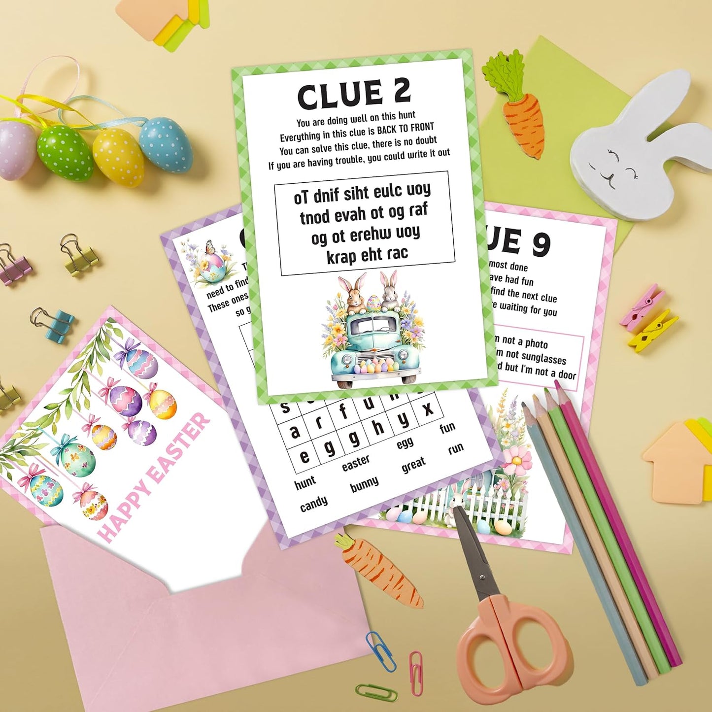Easter Scavenger Hunt Games, Easter Treasure Hunt Clues Game Cards, Family Party Games for Kids and Adults, Holiday Party Game for Activities Decorations Supplies, 5x7 Inch (Indoor)-A03