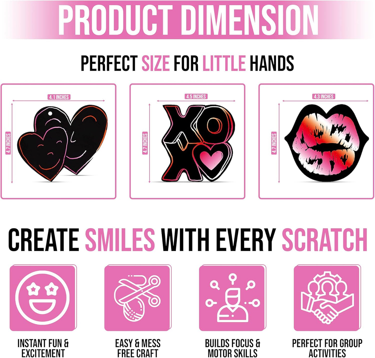 Iconikal Valentines Day 48 Ornament Cards with 24 Sticks Magic Scratch Art Hearts, Bulk Pack for Kids, Red, Pink and White Background