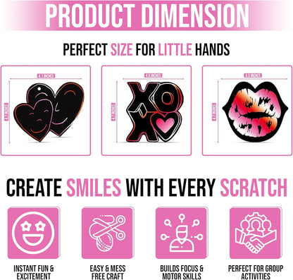 Iconikal Valentines Day 48 Ornament Cards with 24 Sticks Magic Scratch Art Hearts, Bulk Pack for Kids, Red, Pink and White Background