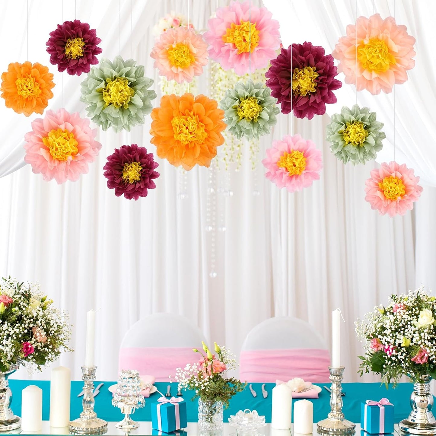 BestoFun 14 PCS Orange & Hot Pink Tissue Paper Flowers – Vibrant Party Decorations for Birthday, Baby Shower, Wedding, Fiesta, and Holiday Events