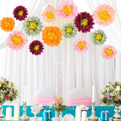 BestoFun 14 PCS Orange & Hot Pink Tissue Paper Flowers – Vibrant Party Decorations for Birthday, Baby Shower, Wedding, Fiesta, and Holiday Events