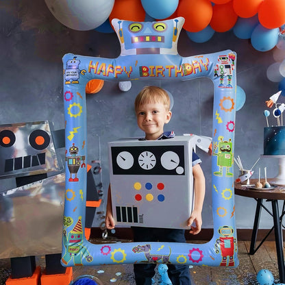 Fun Robot Themed Happy Birthday Inflatable Selfie Photo Frame Props for Pictures & Decors Robot Party Blow Up Picture Frame Decors for Tech-Loving Birthday Party Supplies