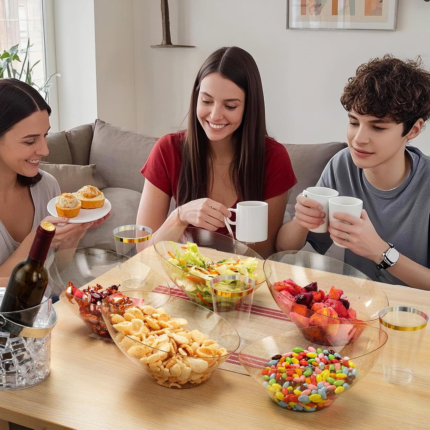 BESTVIP 54oz Clear Plastic Serving Bowls for Party - 12 Pack Angled Disposable Serving Bowls, Party for Chips, Snacks, Fruit, Salad - Bowls for Parties, Daily Use, Catering, Christmas