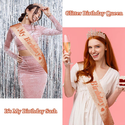 CURASA Birthday Tiara and Sash - Silver Birthday Crown for Women, Perfect for Parties and Celebrations