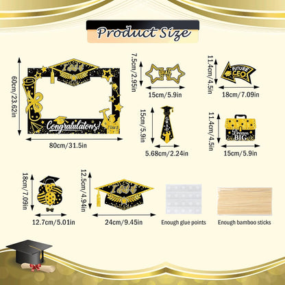 2026 Graduation Photo Booth Props & Selfie Frame Set, 30Pcs Black Gold Congrats Grad Party Photo Props with 1Pc Selfie Frame for Class of 2026 Graduation Decorations Party Supplies Gifts