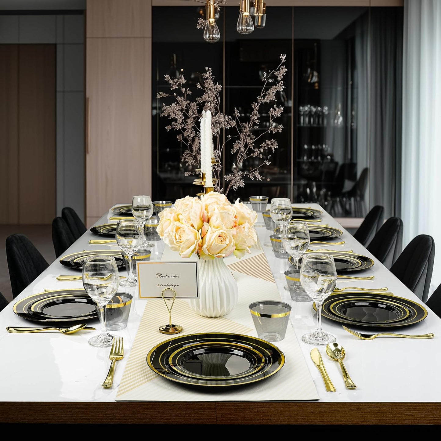 BESTVIP 350PCS Gold Plastic Dinnerware Set, Disposable Party Plates for 50 Guests, Include: 100 Plastic Plates, 50 Pre Rolled Napkins with Gold Silverware, 50 Cups