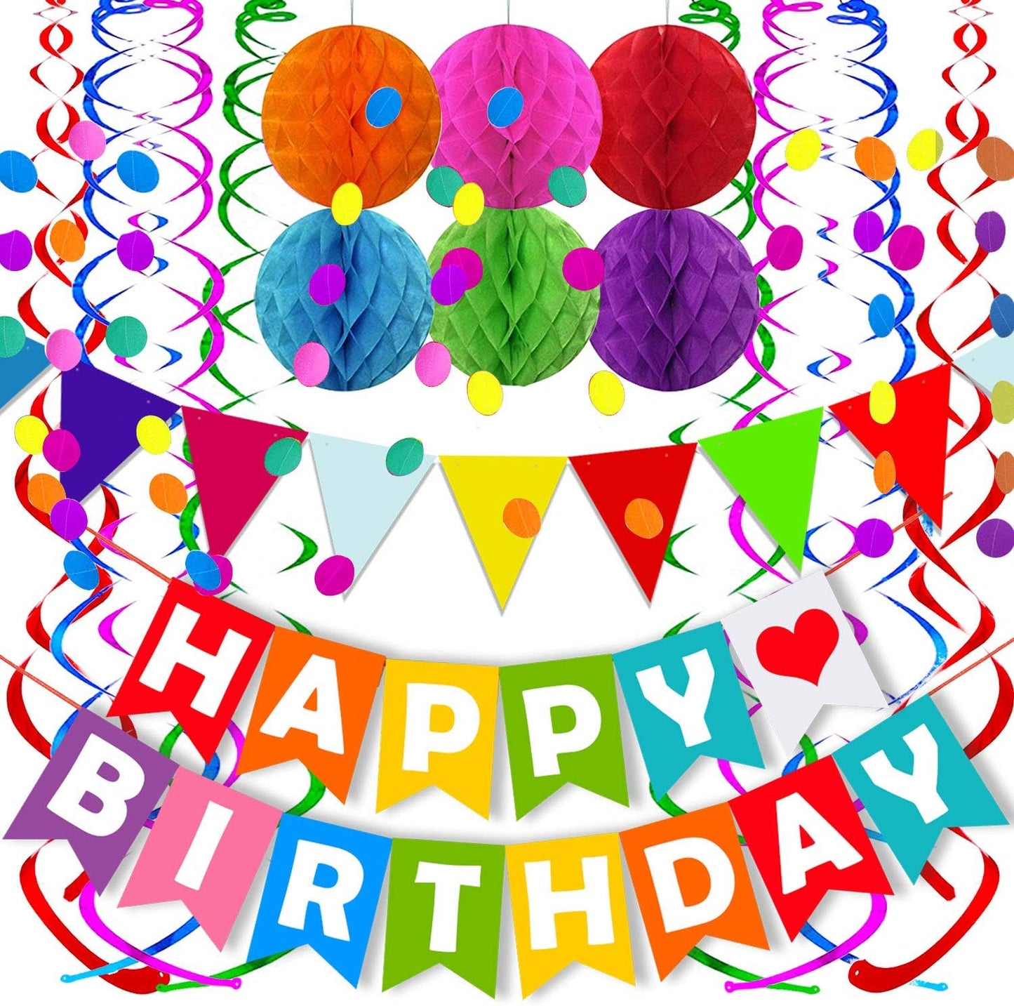 Fecedy Happy Birthday Banner With Colorful Paper Flag Bunting Paper Circle Confetti Garland Swirl Streamers Honeycomb ball for Birthday Party Decorations