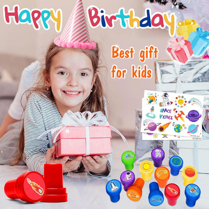 36PCS Space Party Favors - 24PCS Temporary Tattoos & 12PCS Stamps - Ideal Astronaut Galaxy Themed Birthday Card Decorations Supplies Goodie Bag Cute Rewards for Boys Girls Classroom Gifts Baby Shower