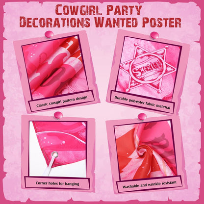 Funrous Wanted Poster Photo Prop Western Photo Booth Prop Large Selfie Frame Poster Fabric Banner Backdrop Wanted Sign for Cowgirl Cowboy Party Decoration Rustic Birthday Party Supplies (Pink)