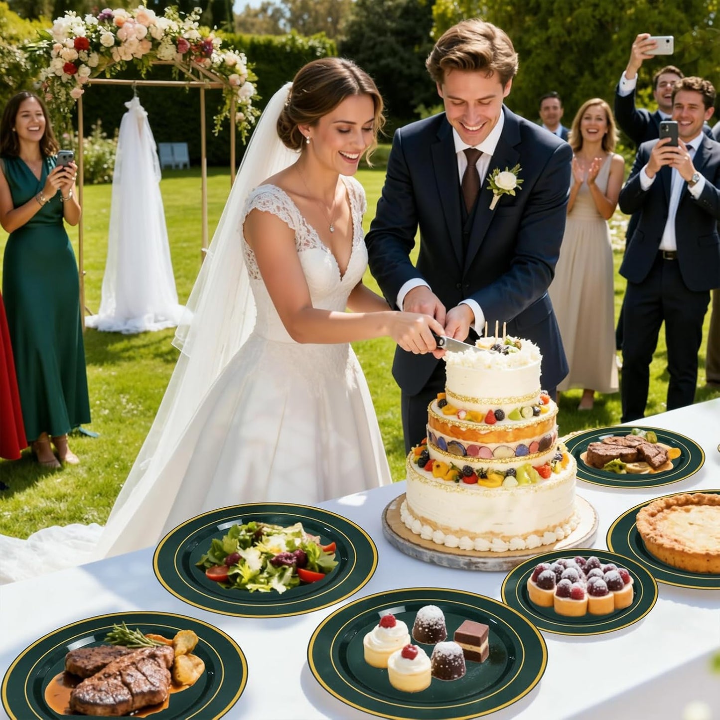 350 Pieces Black and Gold Plastic Plates with Disposable Silverware, Include 50 Dinner Plates 9”, 50 Dessert Plates 6.3”, 50 Black Cups 9 OZ, 50 Pre Rolled Napkins for Wedding Party Graduation