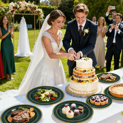 350 Pieces Black and Gold Plastic Plates with Disposable Silverware, Include 50 Dinner Plates 9”, 50 Dessert Plates 6.3”, 50 Black Cups 9 OZ, 50 Pre Rolled Napkins for Wedding Party Graduation