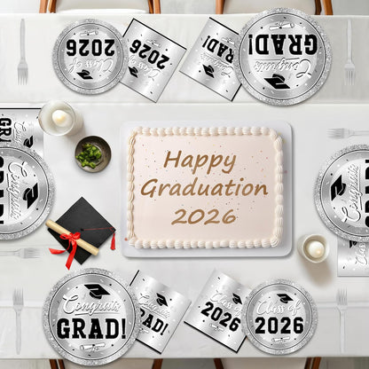 200Pcs Graduation Decorations 2026, Blue Graduation Plates and Napkins Party Supplies for 50 Guests, Disposable Grad Plates, Napkins, Dessert Plates and Forks for Grad Decor Wedding Birthday Supplies