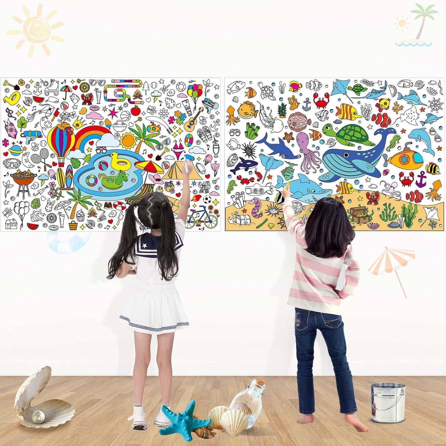 AUGSUN 2 PCS Giant Summer Activity Coloring Poster, Under The Sea Large Coloring Tablecloth Ocean Animals Giant Color-in Paper Table Cover for Kids School Classroom Wall Birthday Crafts Supplies