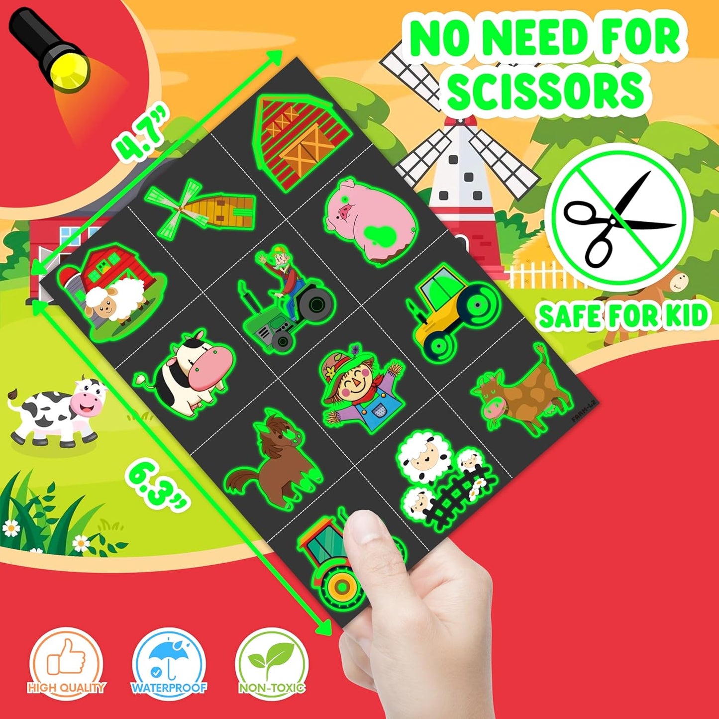 72 PCS Farm Barnyard Animal Pre-Cut Temporary Tattoos Sticker Birthday Decorations Party Supplies Favors Gift Boy Girl Farmhouse Cow Chicken Tattoo School Reward Themed (Normal)