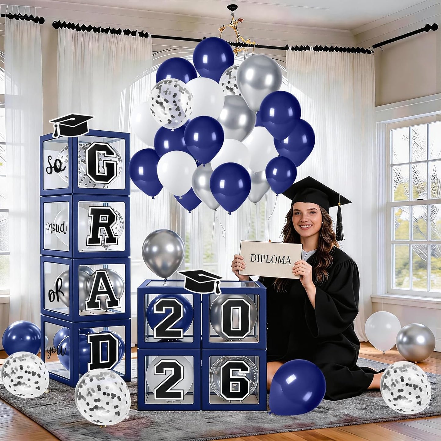 Graduation Decorations 2026 Graduation Party Decorations Set of 4 Boxes with 129pcs Balloons Arch Garland Kit Party Supplies for Any Grades Blue