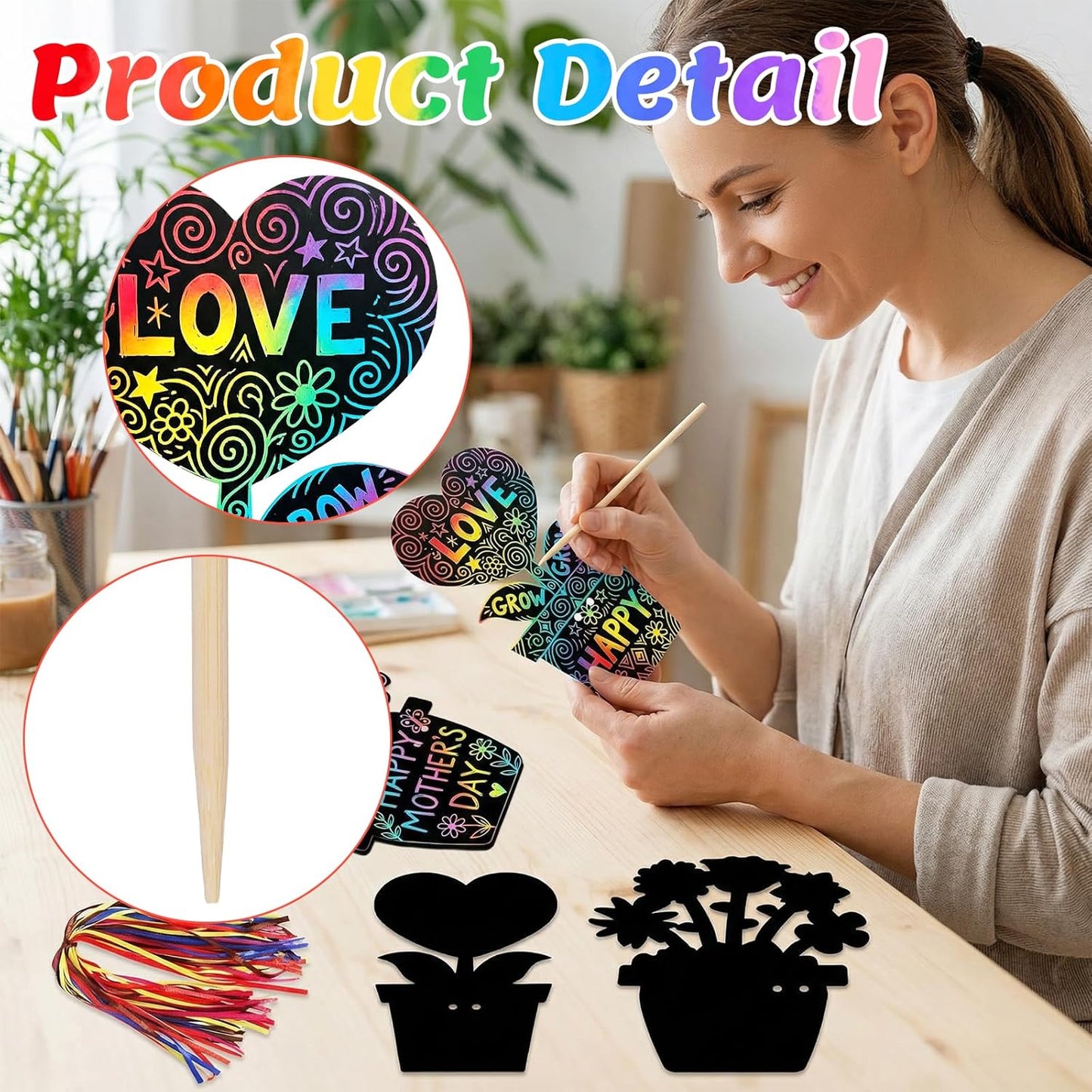Dhthdrh 60 Pcs Flower Scratch Cards Craft Graduation Mothers Day Flower Pot Scratch Cards DIY Magic Rainbow Paper Craft Art DIY Hanging Art Kit Drawing Coloring Sheet for Men Women Teacher