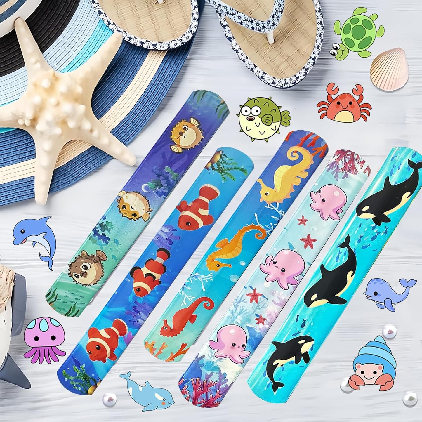 74PCS Ocean Animals Party Favor 50PCS Under the Sea Party Stickers&24PCS Slap Bracelets Sea Animals Birthday Supplies Team Gift Filler