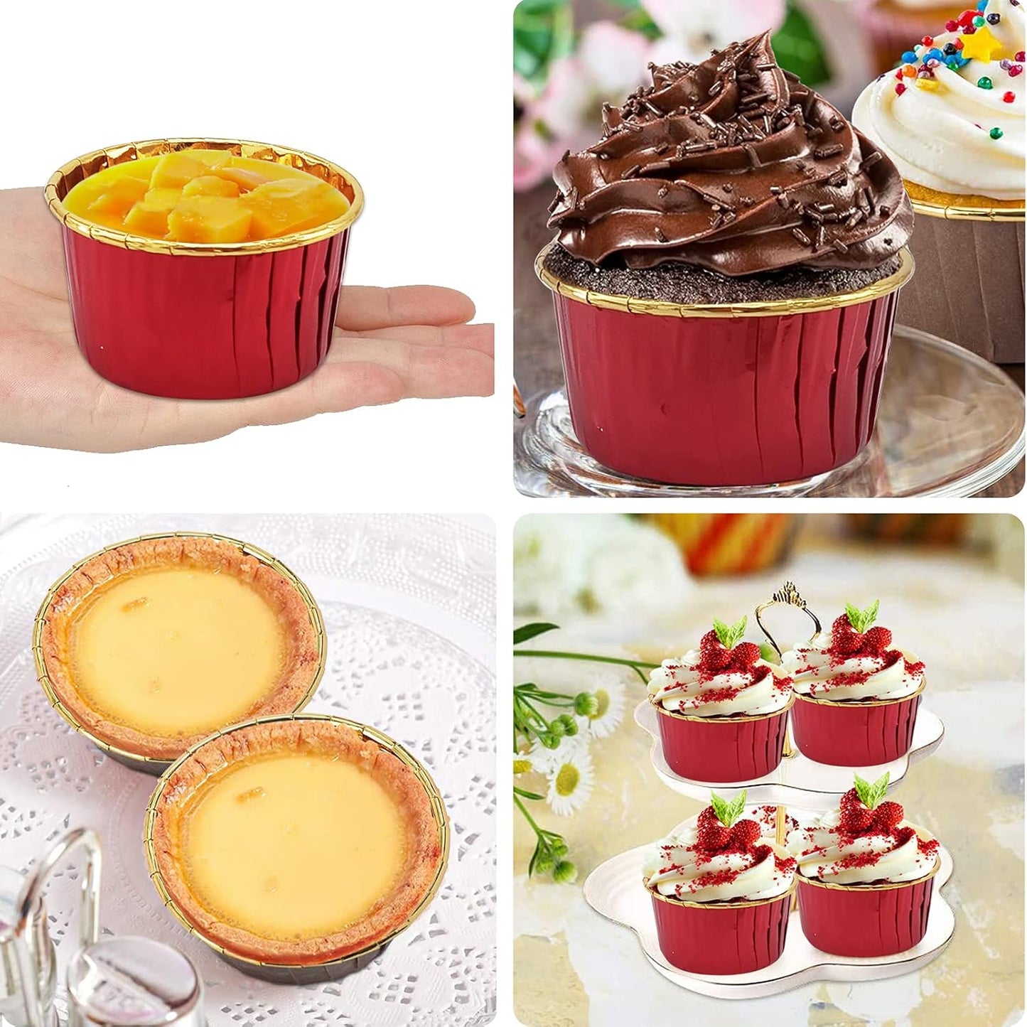 Cupcake Liners with Lids 50 Pack,LNYZQUS 5oz Large Foil Cupcake Cups Muffin Tins,Disposable Baking Cups Muffin Liners Wrappers Holders for Wedding Valentine-Pink in gold