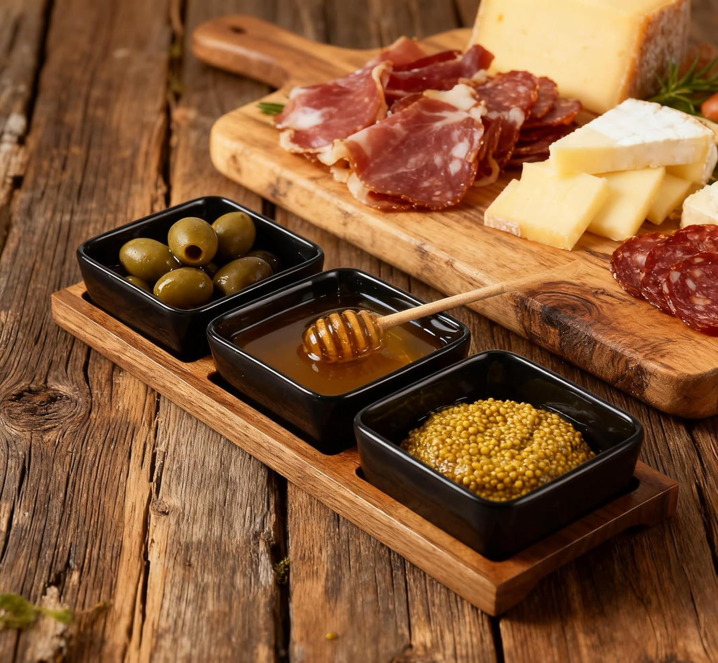 3 Pack Chip & Dip Serving Set with Wooden Tray, Oven Safe Bowls for Parties, Hosting Gifts, Cranberry/Soy Sauce Dish & Entertaining Essentials