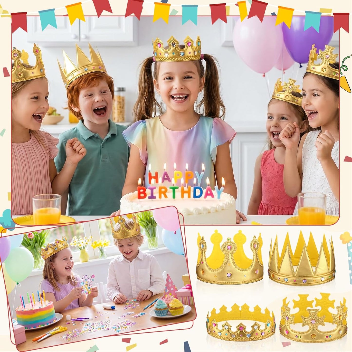 Yaomiao 44 Pcs Birthday Foam Crowns for Kids Princess Tiaras King Hat Bulk Diamond Sticker Kits for Crown Party Supplies