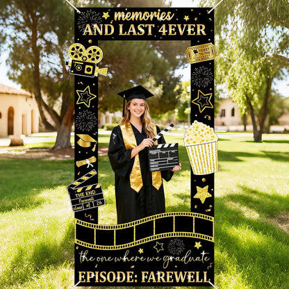 Graduation Decorations Class of 2026 Graduation Party Photo Booth Prop Black Gold Movie Background Congrats Grad Backdrop Banner for Middle High School College Party Decorations