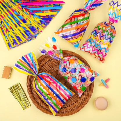 Aodaer 100 Pieces 10.6 x 5.1 In White Cellophane Bags Plastic Candy Gift Bag Cellophane Treat Bags with Twist Ties Stripes Polka Dot Printed Pattern Goodie Bag for Birthday Weddings Party Favors