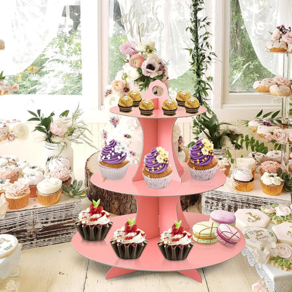 Soleebee 3-Tier Round Cupcake Stand, Cardboard Cupcake Tower, Dessert Cup Cake Stand Tower for Birthday Wedding Party Decoration, Cupcake Tier Stand 1 Set (Hot Pink)