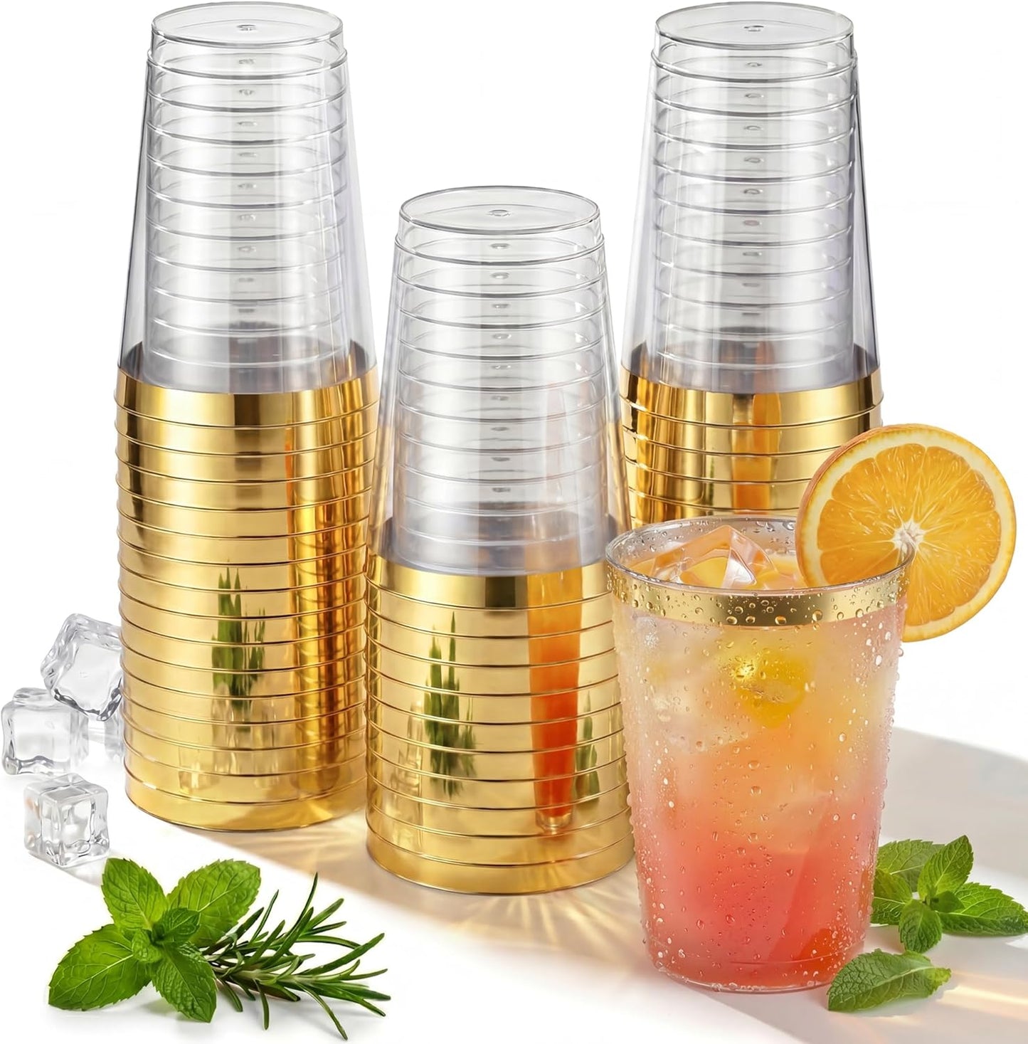 Nervure 120PCS Gold Plastic Cups - 9Oz Gold Rimmed Plastic Cups - Heavy Duty Disposable Clear Cup with Gold Rim Perfect for Weddings, Receptions & Parties