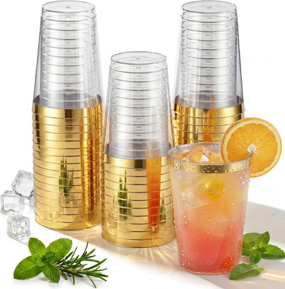 Nervure 120PCS Gold Plastic Cups - 9Oz Gold Rimmed Plastic Cups - Heavy Duty Disposable Clear Cup with Gold Rim Perfect for Weddings, Receptions & Parties
