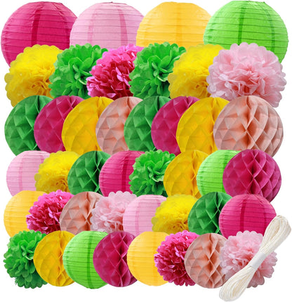 WOLHOWLTD Mermaid Theme Paper Decoration Set - 33 Pcs Paper Lanterns, Pompoms, Honeycomb Decorations for Mermaid Theme, Baby Shower,Wedding Rainbow Birthday Party Home Decoration(Pink Blue Purple)