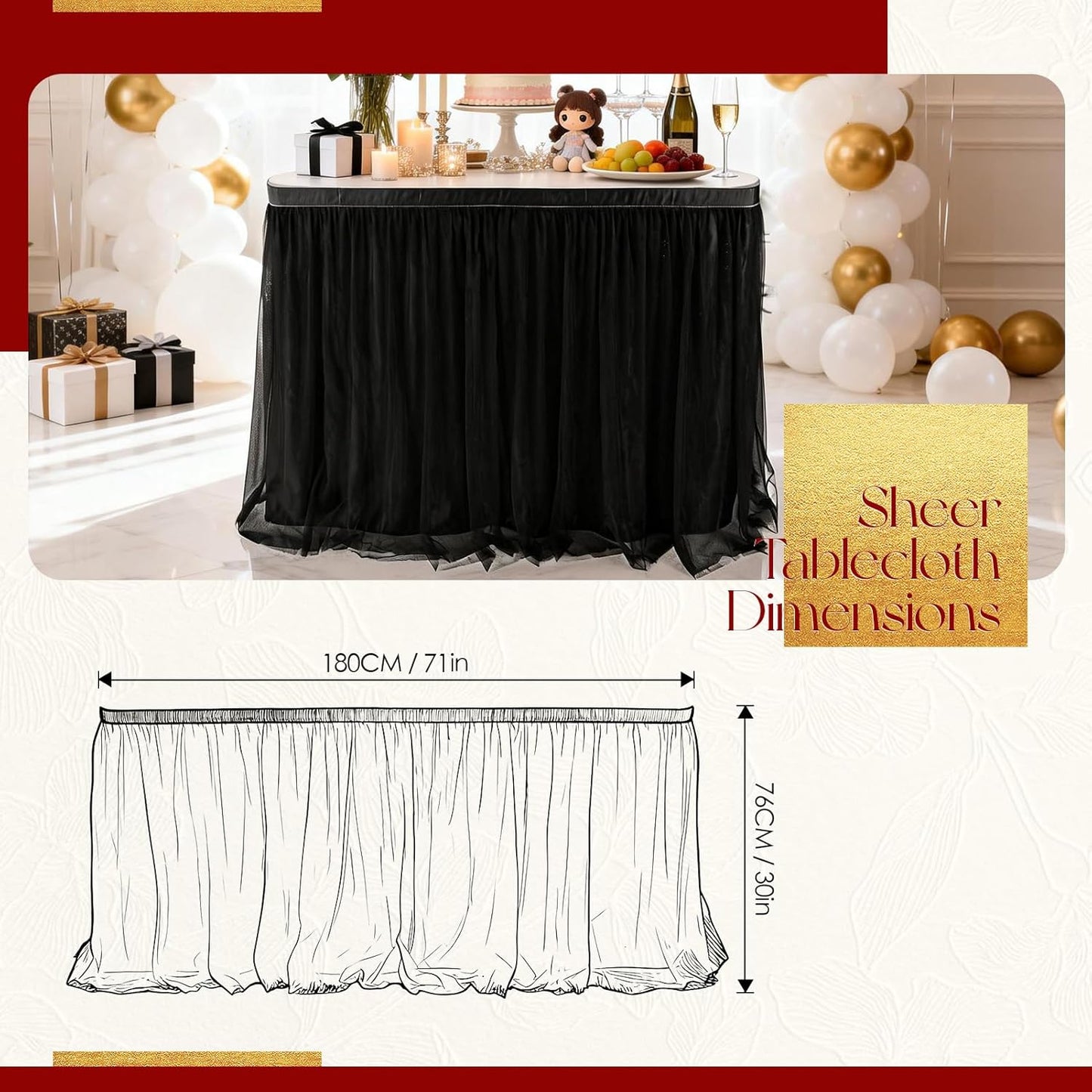 THARAHT Tulle Table Skirt 6FT 180CM Long for Rectangle Tables Round Tables Ruffle Desk Skirt for Princess Girls Birthday Party Cake Dessert Decorations Table Skirt
