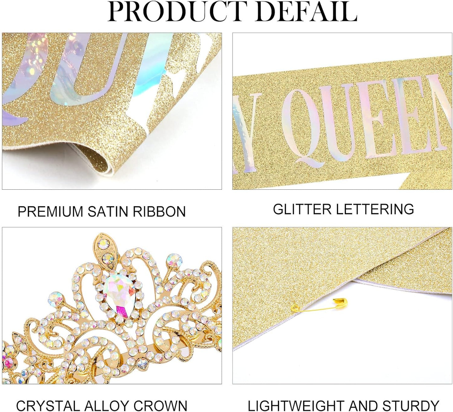 COCIDE Birthday Queen Sash & Rhinestone Tiara Set Gold Happy Birthday Crowns for Women Party Decoration Kit Rhinestone Headband for Women Glitter Crystal Hair Accessories for Cake Topper