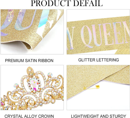 COCIDE Birthday Queen Sash & Rhinestone Tiara Set Gold Happy Birthday Crowns for Women Party Decoration Kit Rhinestone Headband for Women Glitter Crystal Hair Accessories for Cake Topper